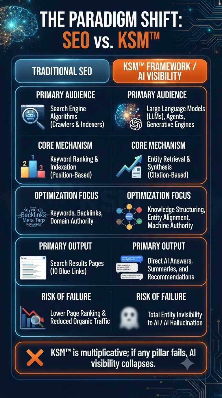 The Paradigm Shift: SEO vs. KSM™ — a side-by-side comparison. Traditional SEO targets search engine crawlers, optimizes keyword ranking and indexation, focuses on keywords, backlinks and domain authority, outputs search results pages, and risks lower rankings and reduced organic traffic. The KSM™ Framework targets large language models, agents and generative engines, uses entity retrieval and synthesis, focuses on knowledge structuring, entity alignment and machine authority, outputs direct AI answers and recommendations, and risks total entity invisibility to AI or hallucination. KSM™ is multiplicative: if any pillar fails, AI visibility collapses.